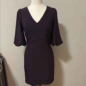 Amanda Uprichard Eggplant Sheath Dress with V-Neck and Bishop Sleeves, Small